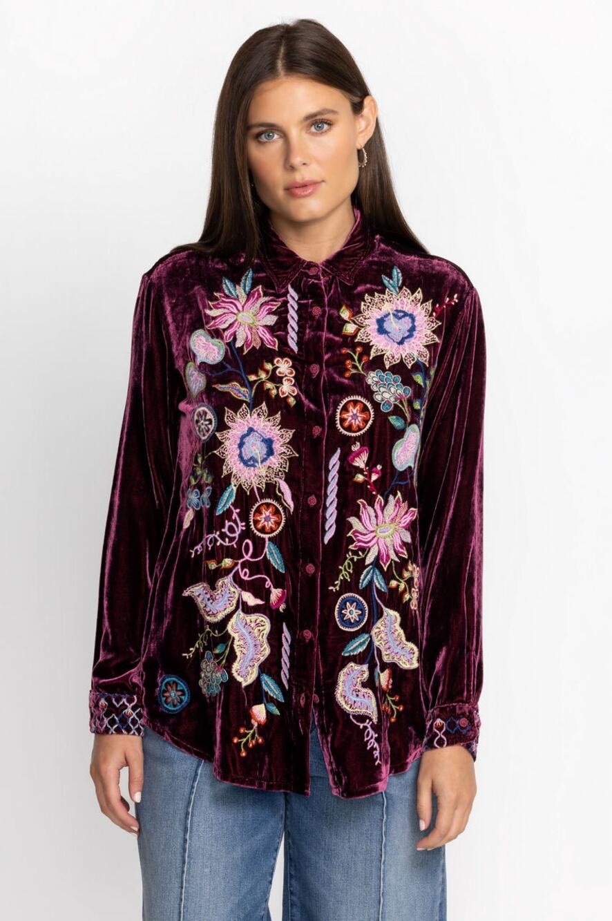 Johnny Was Pacifica Velvet Embroidered Shirt Small Eggplant Silk Blend